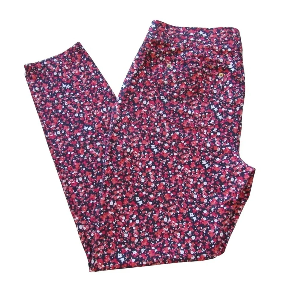 Michael Kors Ditsy Floral Leggings Pant Large Pink Blue Stretch Mid Rise Pull On